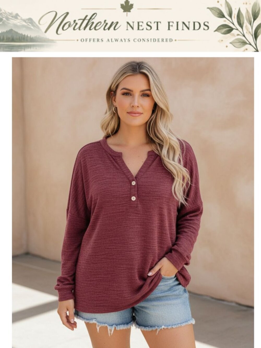 Womens Plus Size Long Sleeve Henley Sweatshirt Tunic Top Loose Fit
